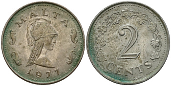 Мальта 2 цента 1977 Пентесилея, царица амазонок KM 9 медь цинк 4154-668