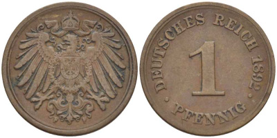 ГЕРМАНИЯ 1 ПФЕННИГ 1882 F KM 10, J. 10, Weege 2 медь 211-152