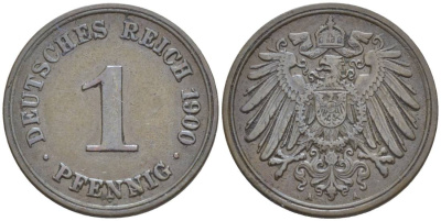 ГЕРМАНИЯ 1 ПФЕННИГ 1900 A KM 10, Jager. 10, Weege 2 медь 4528-1159