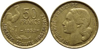 ФРАНЦИЯ 50 ФРАНКОВ 1953 KM 918.1 алюминиевая бронза 4398-654