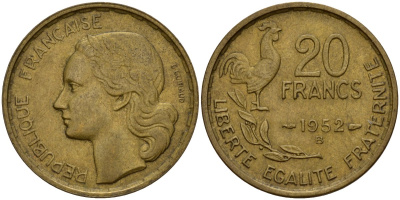 Франция 20 франков 1952 B, Петух KM 917.1 алюминиевая бронза 4159-944