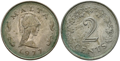 Мальта 2 цента 1977 Пентесилея, царица амазонок KM 9 медь цинк 4154-668