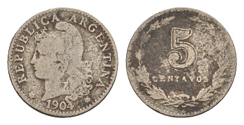 Аргентина 5 сентаво 1904 KM 34 медно-никель 4655-958