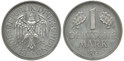 ФРГ 1 МАРКА 1977 J J 385, KM 110 медно-никель aUNC 72-857