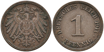 Германия 1 пфенниг 1911 J KM 10, J. 10 медь 4576-164