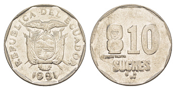 Эквадор 10 сукре 1991 ошибка - большая дата KM 92.2 сталь плакированная никелем 4641-715