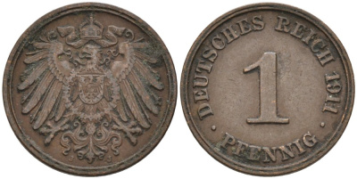 Германия 1 пфенниг 1911 J KM 10, J. 10 медь 4576-164