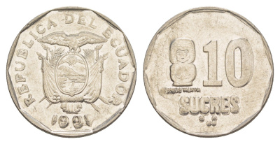 Эквадор 10 сукре 1991 ошибка - большая дата KM 92.2 сталь плакированная никелем 4641-715