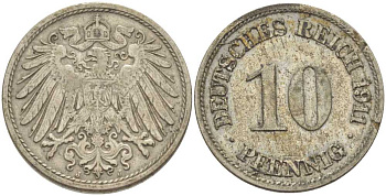 ГЕРМАНИЯ 10 ПФЕННИГОВ 1911 J KM 12, J. 13, Weege 8 медно-никель 212-141