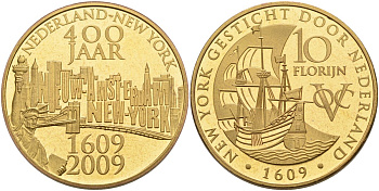 Нидерланды медаль, 10 флоринов 2009 Восточно-Индийская компания, 400 лет открытия Нью- Йорка, диаметр 35 мм., позолота бронза PROOFLIKE 4558-735