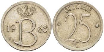 Бельгия 25 сантимов 1968 Belgique, Бодуэн I (1951-1993) KM 153.1 медно-никель 4387-1161