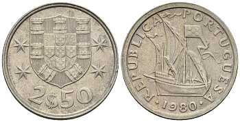Португалия 2,5 эскудо 1980 парусник KM 590 медно-никель 4147-639