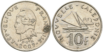 Французская Новая Каледония 10 франков 2009 рыбачья парусная лодка, (IEOM) KM 11a, Schoen 13a, Lec 99k медно-никель 61-946