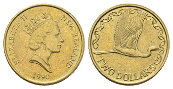 Новая Зеландия 2 доллара 1990 Елизавета II (1952-2022), большая белая цапля KM 79 алюминиевая бронза 98-1237