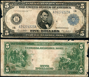 США 5 долларов 1914 Бостон (1-А), Авраам Линкольн, голубая серия, подпись White, Mellon Pick 359 b A(4-1)  бумага   451-643-1-2