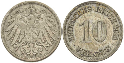 ГЕРМАНИЯ 10 ПФЕННИГОВ 1911 J KM 12, J. 13, Weege 8 медно-никель 212-141