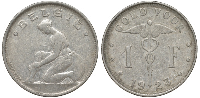 Бельгия 1 франк 1923 Belgie, Альберт I (1909-1934) KM 90 никель 51-657