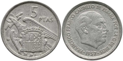 ИСПАНИЯ 5 ПЕСЕТ 1957 (58) ФРАНСИСКО ФРАНКО ДИКТАТОР ИСПАНИИ (1939-1975) KM 786 медно-никель 110-945