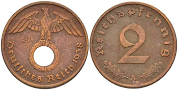 ГЕРМАНИЯ 2 РЕЙХСПФЕННИГА 1938 A KM 90, J. 362 бронза 261-914