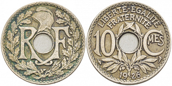 ФРАНЦИЯ 10 САНТИМОВ 1926 ТИП ЛИНДАЙЁ KM 866а, LE FRANC 138.13 медно-никель 4402-753