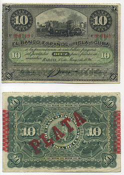 Куба 10 песо 1896 Испанская Администрация, надпечатка PLATA Pick 49 d бумага 448-30-2