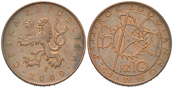 Чехия 10 крон 2000 Смена тысячелетия - 2000 год KM 42 сталь плакированная медью aUNC 190-836