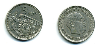 Испания 5 песет 1957 (75) Франциско Франко (1939-1975) KM 786 медно-никель 53-1113