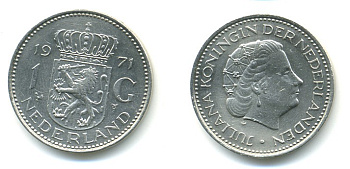 Нидерланды 1 гульден 1971 Юлиана (1948-1980) KM 184а никель 84-744