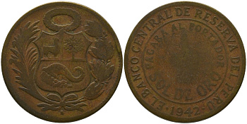 Перу 1/2 соль 1942 S KM 220.3, Schon 23 латунь 4539-327