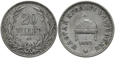 Венгрия 20 филлеров 1893 KB, Франц Иосиф I (1848-1916) KM 483 никель 4396-213