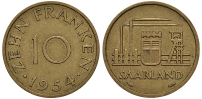 Саарланд 10 франков 1954 индустрия KM 1 алюминиевая бронза 00-00