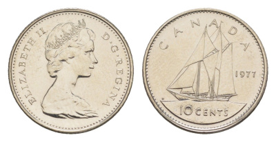 Канада 10 центов 1977 Елизавета II (1952-2022), парусник KM 77 никель PROOF-LIKE (BU) 4630-965