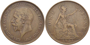 Великобритания 1 пенни 1931 Георг V (1910-1936) KM 838, Spink 4055 бронза 115-245