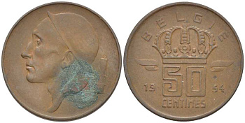 БЕЛЬГИЯ 50 САНТИМОВ 1954 BELGIE, БОДУЭН I (1951-1993) KM 145 бронза 116-961