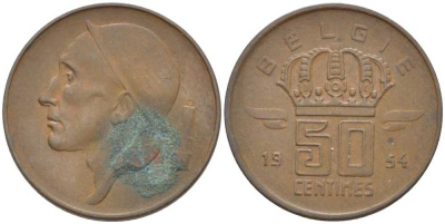 БЕЛЬГИЯ 50 САНТИМОВ 1954 BELGIE, БОДУЭН I (1951-1993) KM 145 бронза 116-961