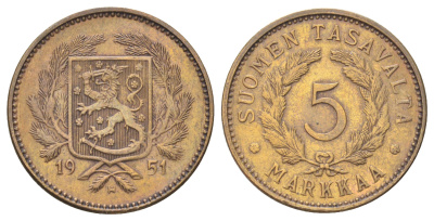 Финляндия 5 марок 1951 H KM 31a латунь 4666-833