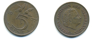 Нидерланды 5 центов 1977 Юлиана (1948-1980) KM 181 бронза 83-856