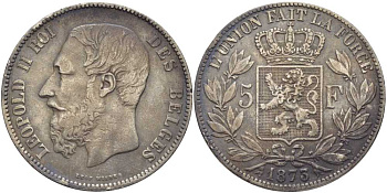 Бельгия 5 франков 1873 Леопольд II (1865-1909), позиция А KM 24 серебро 5010-924