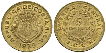 Коста-Рика 5 сентимо 1979 KM 184.3a, Schoen 41a латунь 4516-114