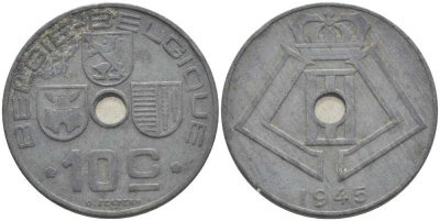 БЕЛЬГИЯ 10 САНТИМОВ 1945 BELGIE-BELGIQUE, ГЕРМАНСКАЯ ОККУПАЦИЯ, ВТОРАЯ МИРОВАЯ ВОЙНА, ЛЕОПОЛЬД III (1934-1950) KM 126 цинк 119-337