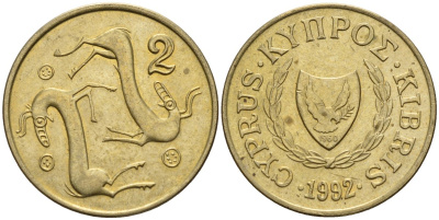 Кипр 2 цента 1992 KM 54.3 никель латунь 4174-1254