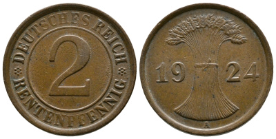 ГЕРМАНИЯ 2 РЕНТЕНПФЕННИГА 1924 A KM 31, J.307 бронза 86-1245