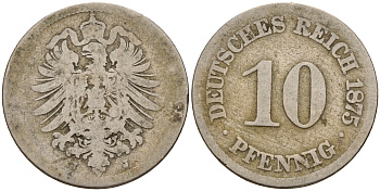 Германия 10 пфеннигов 1875 J J. 4,  KM 4 медно-никель    4603-511