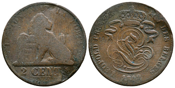 БЕЛЬГИЯ 2 САНТИМА 1862 BELGES KM 4.2 медь 4379-613