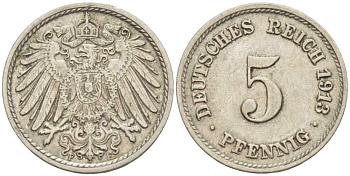 ГЕРМАНИЯ 5 ПФЕННИГОВ 1913 F KM 11, J. 12 медно-никель 105-163