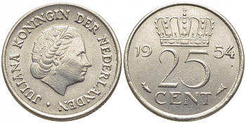 НИДЕРЛАНДЫ 25 ЦЕНТОВ 1954 ЮЛИАНА KM 183 никель 112-315