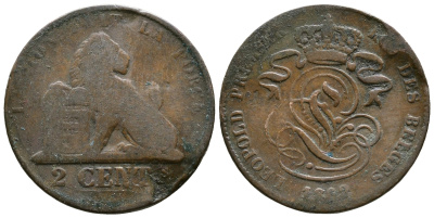 БЕЛЬГИЯ 2 САНТИМА 1862 BELGES KM 4.2 медь 4379-613