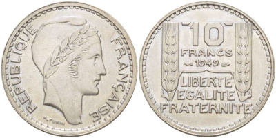 Франция 10 франков 1949 тип Пьер Турин KM 909.1, LE FRANC 362.6 медно-никель 4519-844