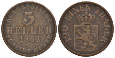 Гессен-Кассель 3 геллера 1862 KM 612 медь 186-553