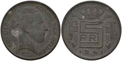 Бельгия 5 франков 1941 DES BELGEN, Леопольд III (1934-1947) KM 129 цинк 4161-922